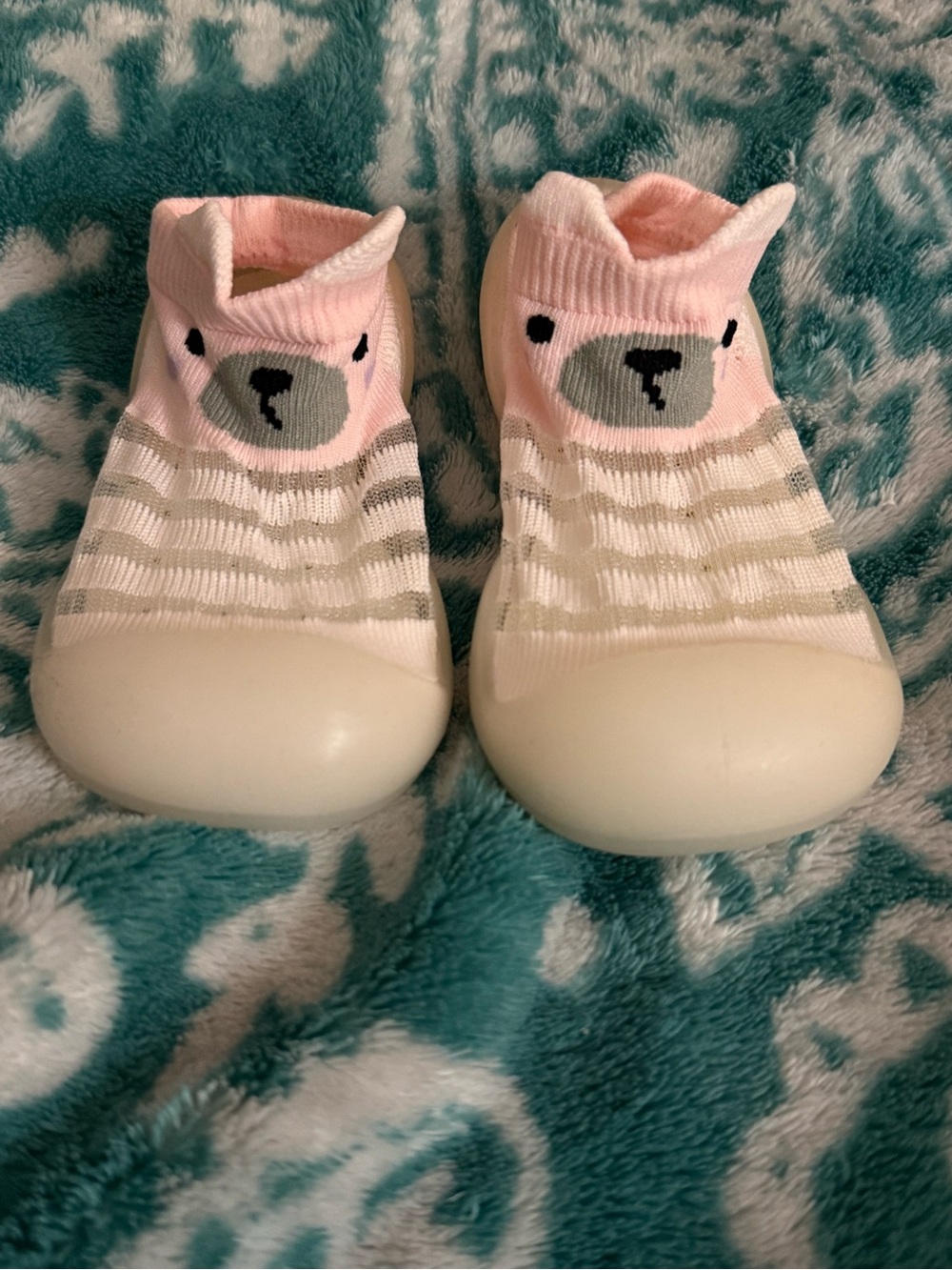 Learning to Walk Toddler Pink Bear Sock Shoes with Cream Toe Caps